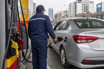 Un hombre con uniforme azul sostiene la manguera de un surtidor para cargar combustible en un automóvil gris estacionado.