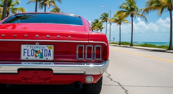 Na traseira de um carro vermelho clássico com placa da Flórida, um crocodilo é visível. Pare na estrada costeira com palmeiras e o oceano azul ao fundo.