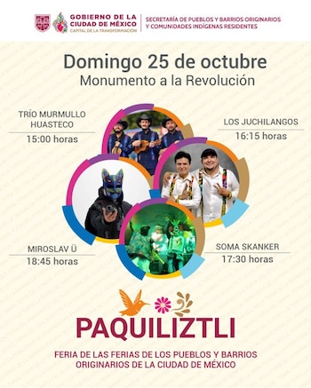 Cartel con logotipos oficiales, fecha, lugar, retratos circulares de cuatro grupos musicales y el título Paquiliztli en la parte inferior