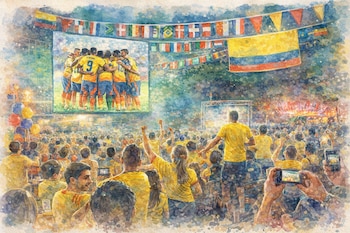 Gran multitud de personas con camisetas amarillas mira un partido de fútbol en una pantalla gigante, con banderas internacionales y una bandera de Colombia.