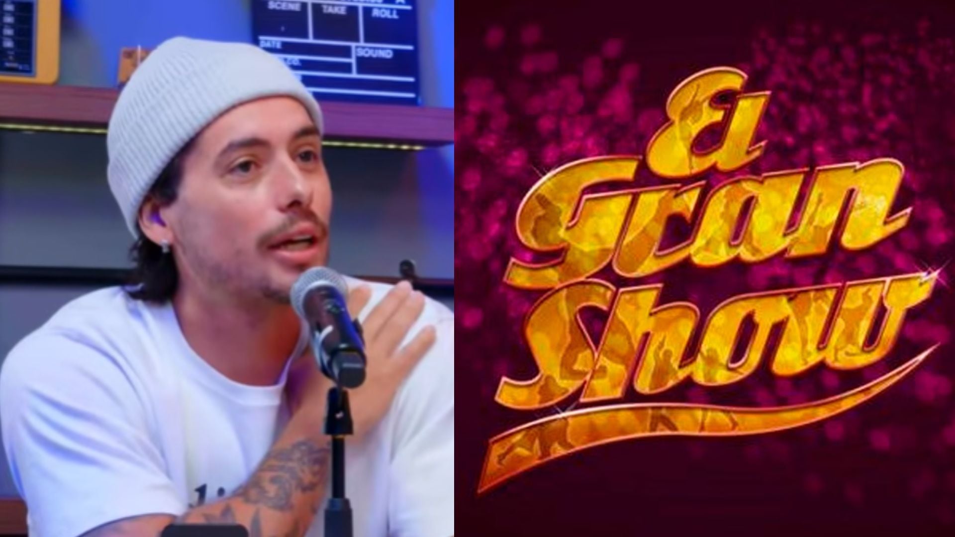 Un hombre habla frente a un micrófono durante una entrevista, junto al logotipo del programa de televisión El Gran Show.