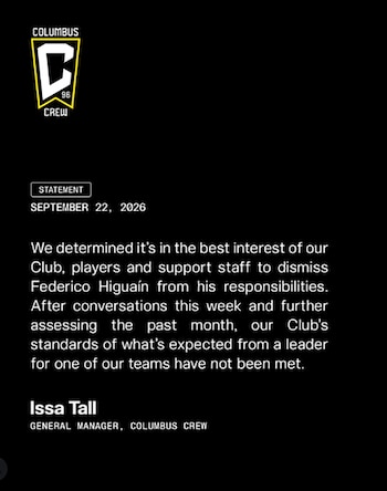 Captura de pantalla de una publicación en redes sociales con el comunicado oficial sobre la destitución de Federico Higuaín