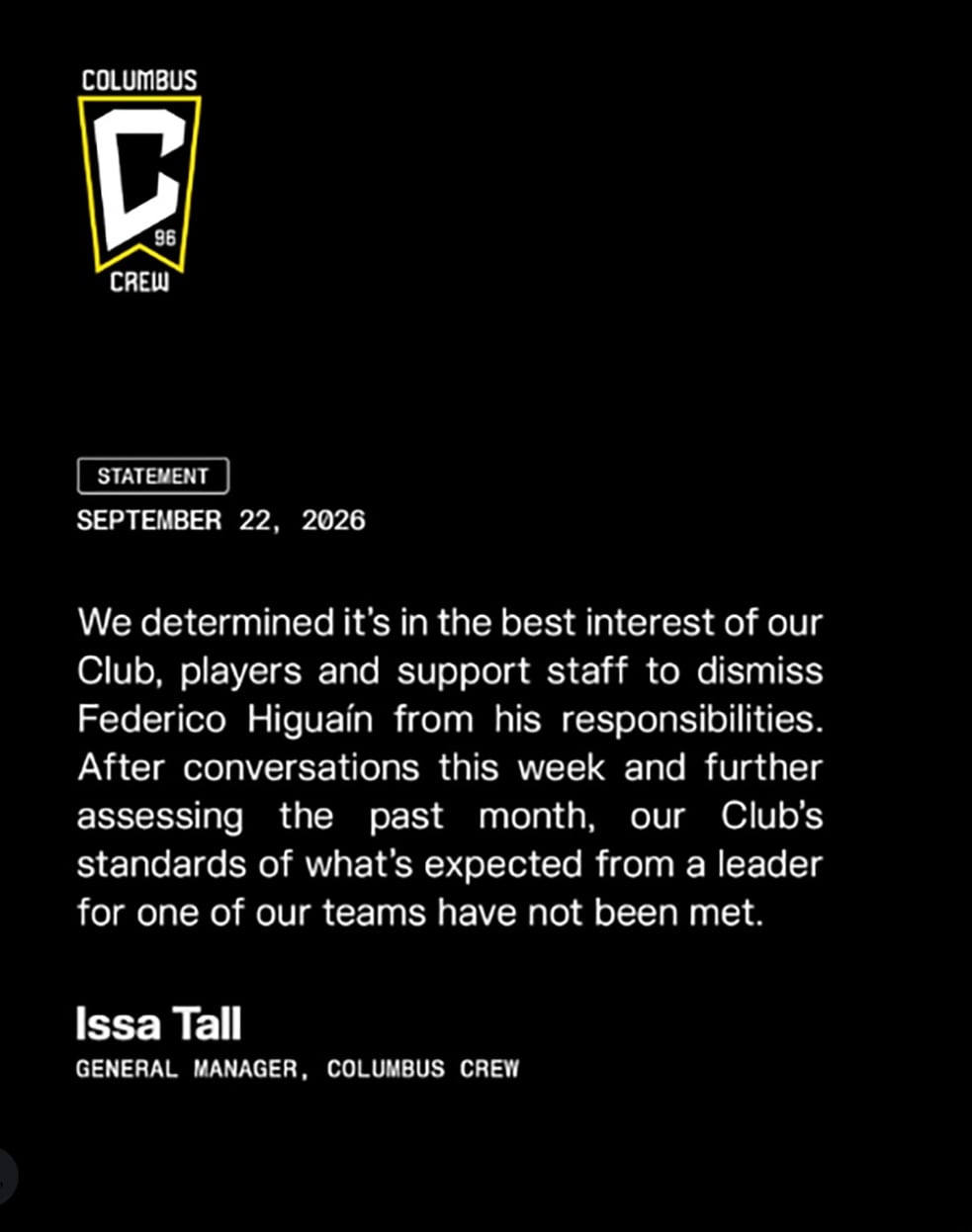 Un comunicado oficial del club Columbus Crew informa la destitución de Federico Higuaín como director técnico del equipo Crew 2.