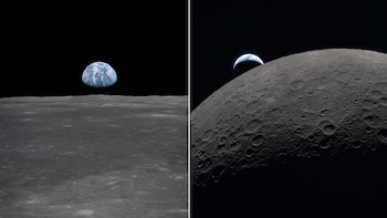 A la izquierda, la Luna fotografiada por la misión Apolo 11 en 1969; a la derecha, la misma capturada por la misión Artemis II en 2026 - crédito composición hecha con fotografías oficiales de la NASA