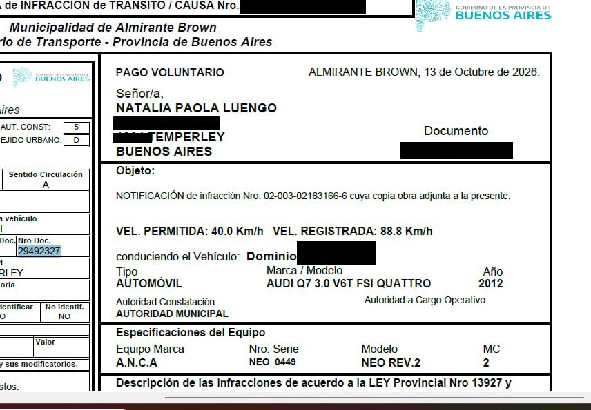 Un documento de multa que vincula a Luengo con el Audi Q7 del accidente