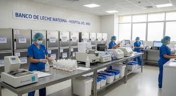 Cinco personas con uniformes azules, gorros y mascarillas trabajan en un laboratorio con máquinas, computadoras, botellas de leche y refrigeradores.