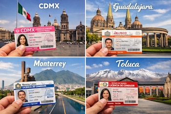 Collage de cuatro paneles: licencias de CDMX, Jalisco, Nuevo León y Estado de México, cada una sostenida frente a un monumento o paisaje emblemático local.