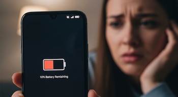 Primer plano de un teléfono Android negro con el icono de batería roja y '10% Battery Remaining'. Detrás, una mujer con expresión preocupada y desenfocada.
