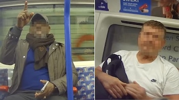 Dos hombres con rostros pixelados sentados en un vagón. Uno con gorra y bufanda apunta hacia arriba, el otro con camiseta blanca sujeta un objeto oscuro