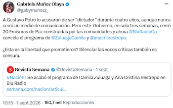 Gabriela Muñoz cuestionó la suspensión de las Emisoras de Paz y la salida de Camila Zuluaga de Blu Radio - crédito @gabymunozz_/X