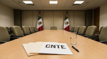 Mesa de negociación de madera clara con carpetas beige, una hoja con 'CNTE', un bolígrafo y vaso de agua; al fondo, banderas de México y sillas vacías desenfocadas.