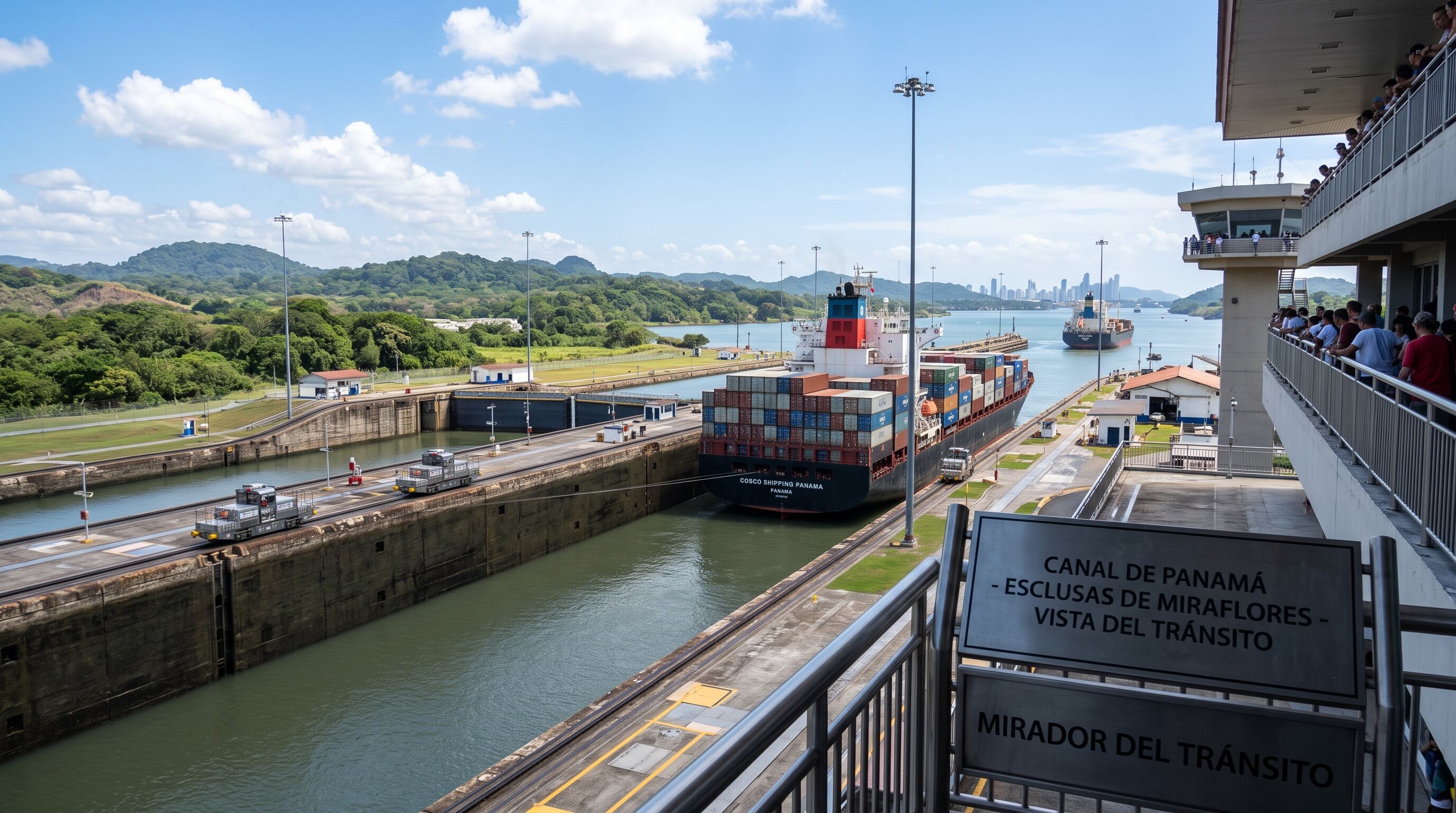 Un buque portacontenedores cruza las esclusas de Miraflores del Canal de Panamá mientras varios visitantes observan la maniobra desde el mirador. (Imagen Ilustrativa Infobae)