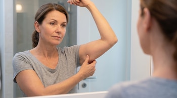 Mujer de mediana edad con camiseta gris frente al espejo, pellizcando la piel de su tríceps derecho. Su reflejo se ve borroso.