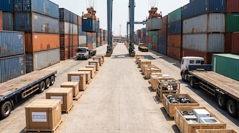 Contenedores apilados, grúas, camiones, y cajas en pallets con mercancías y electrodomésticos, algunas con 'Importación El Salvador'.