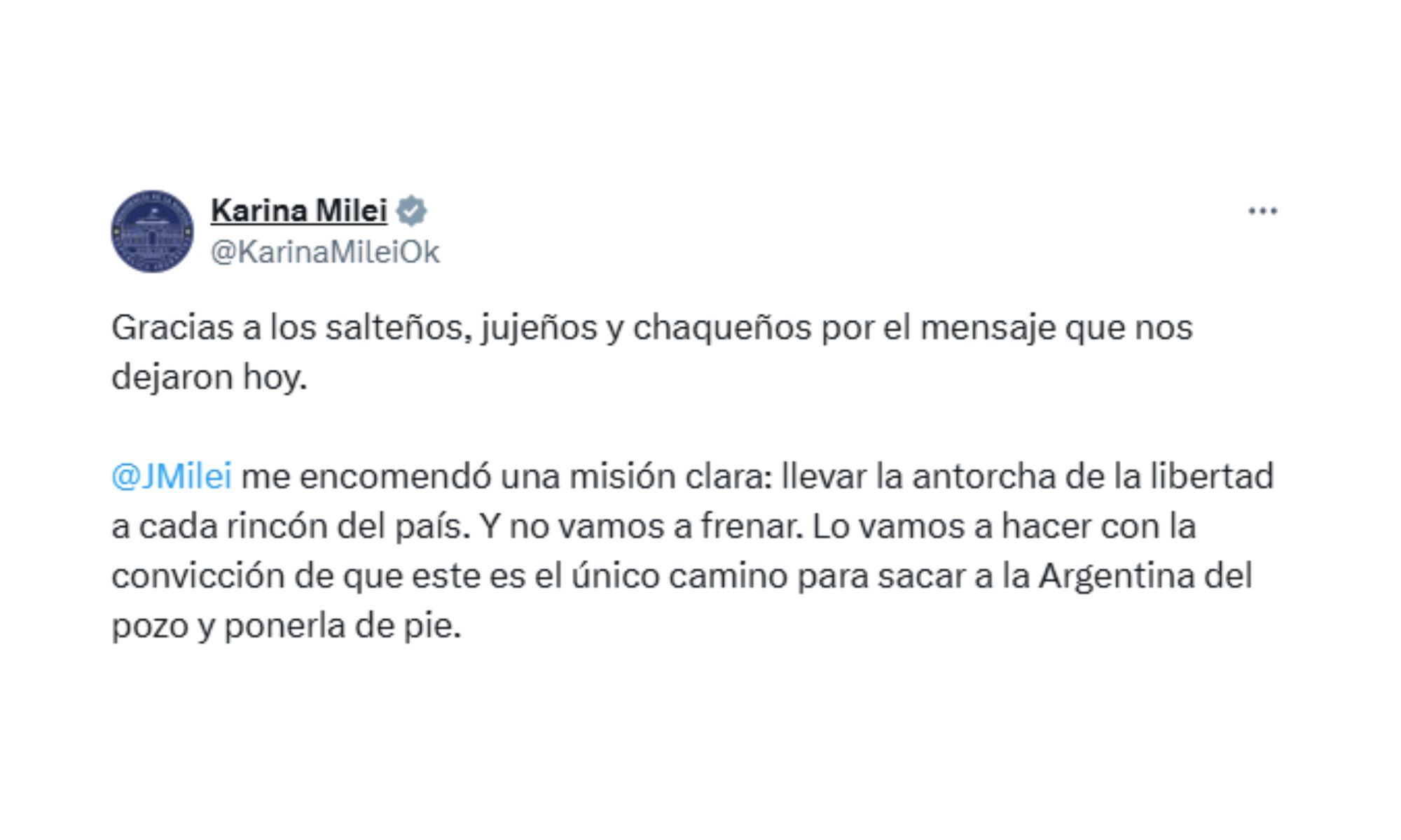 Karina Milei le agradeció a los votantes de Salta, Jujuy y Chaco por el apoyo en las elecciones