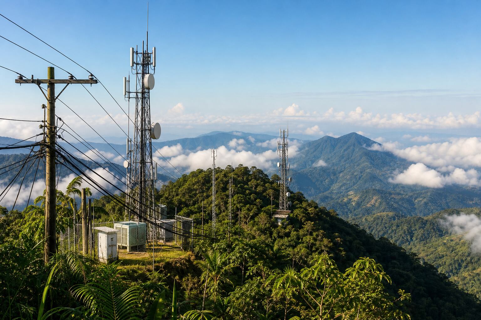 Varias torres de telecomunicaciones y un poste de tendido eléctrico operan sobre una cima montañosa rodeada de vegetación y nubes en Costa Rica. (Imagen Ilustrativa Infobae)