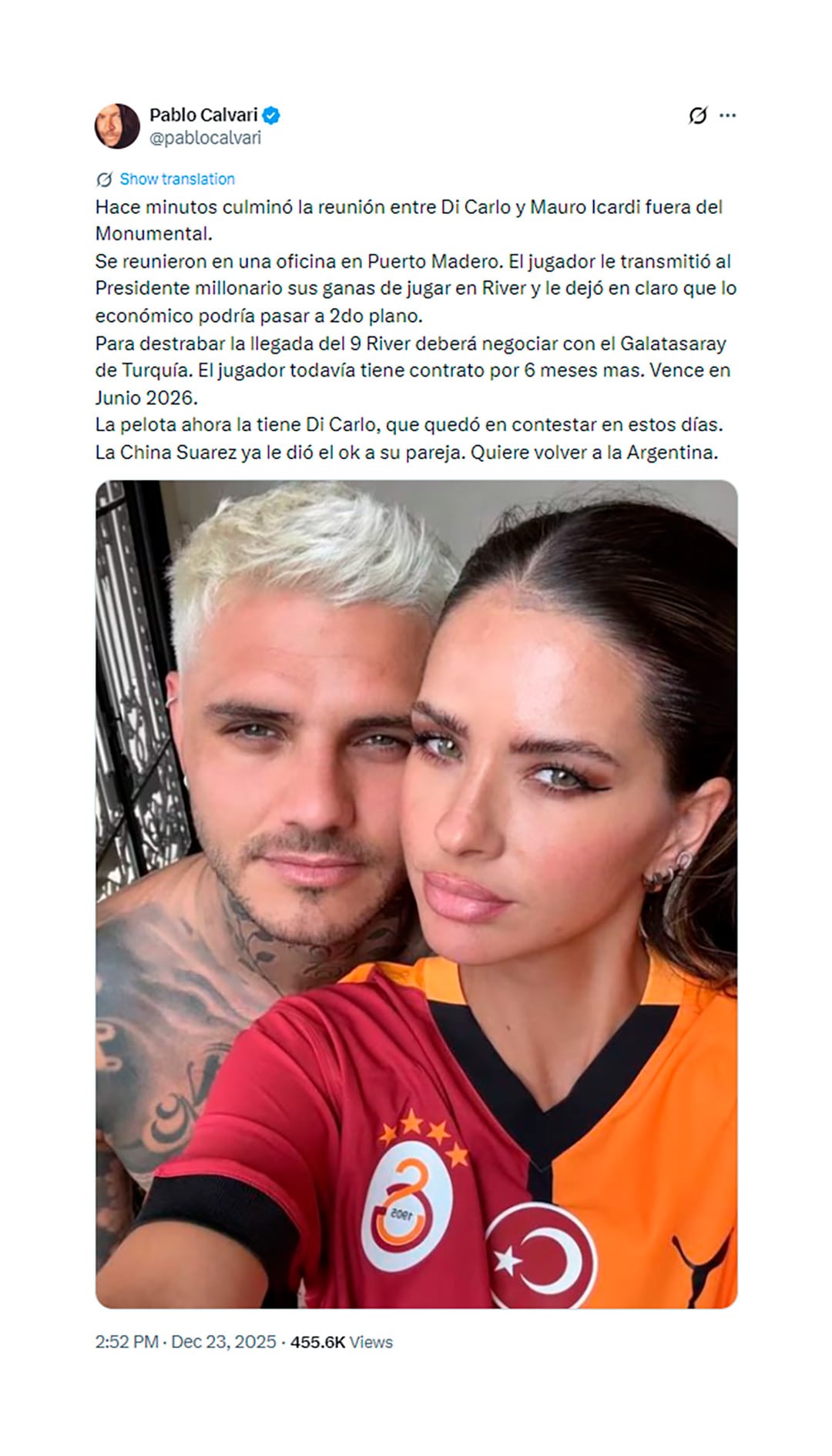 Los rumores sobre la llegada de Mauro Icardi a River Plate crecieron tras un posteo en redes sociales del periodista Pablo Calvari