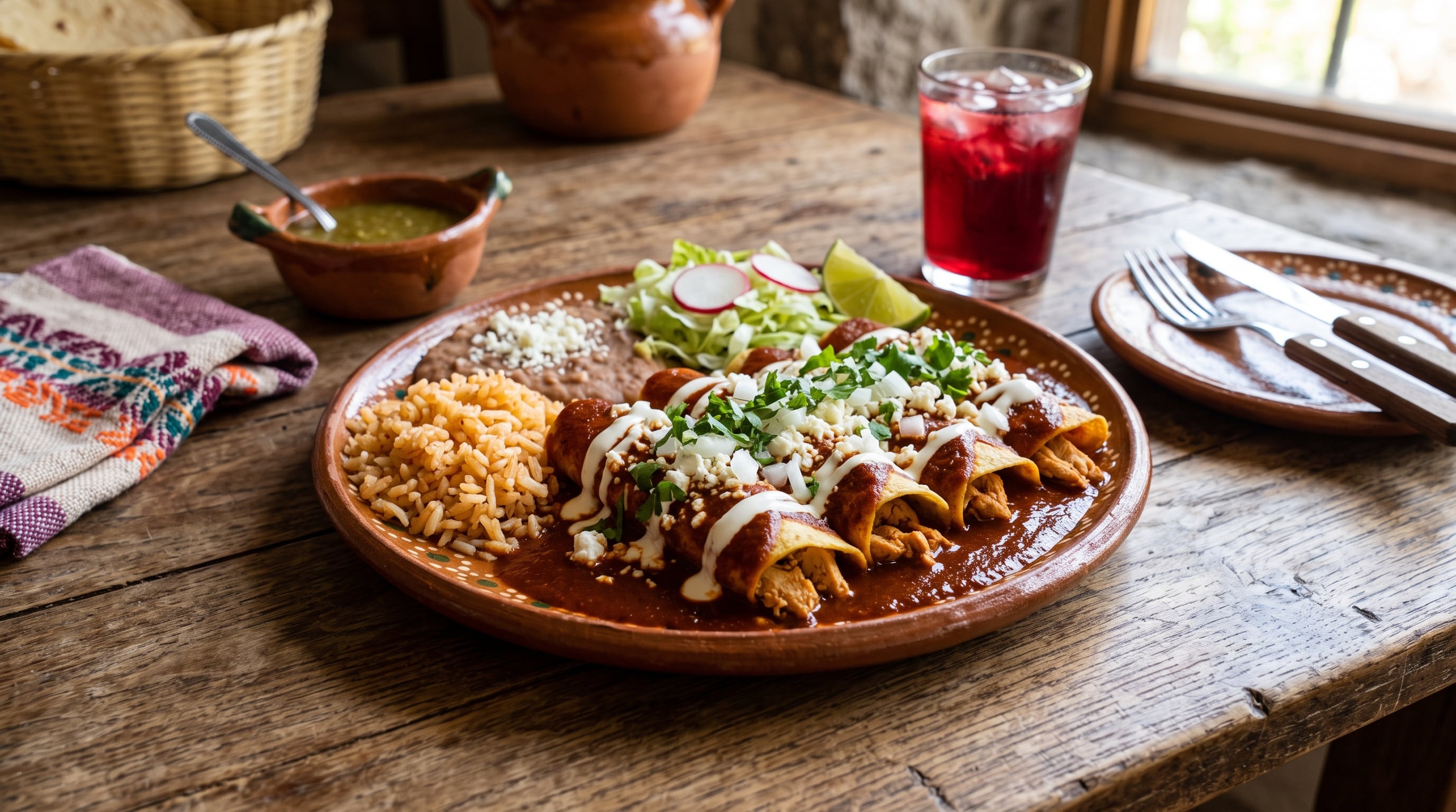 Un plato de barro contiene enchiladas queretanas con salsa roja, crema y queso, acompañadas de arroz, frijoles y ensalada sobre una mesa de madera. (Imagen Ilustrativa Infobae)