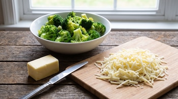 Un tazón blanco con brócoli, un trozo de manteca, un cuchillo y queso mozzarella rallado sobre una tabla en una mesa de madera.