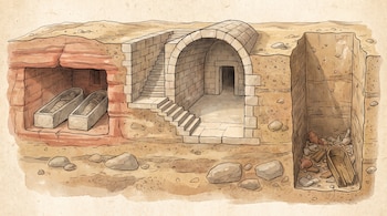 Tres tumbas antiguas en corte: una de arenisca con dos sarcófagos y momias, una romana con escalera, y una de pozo con restos arqueológicos.