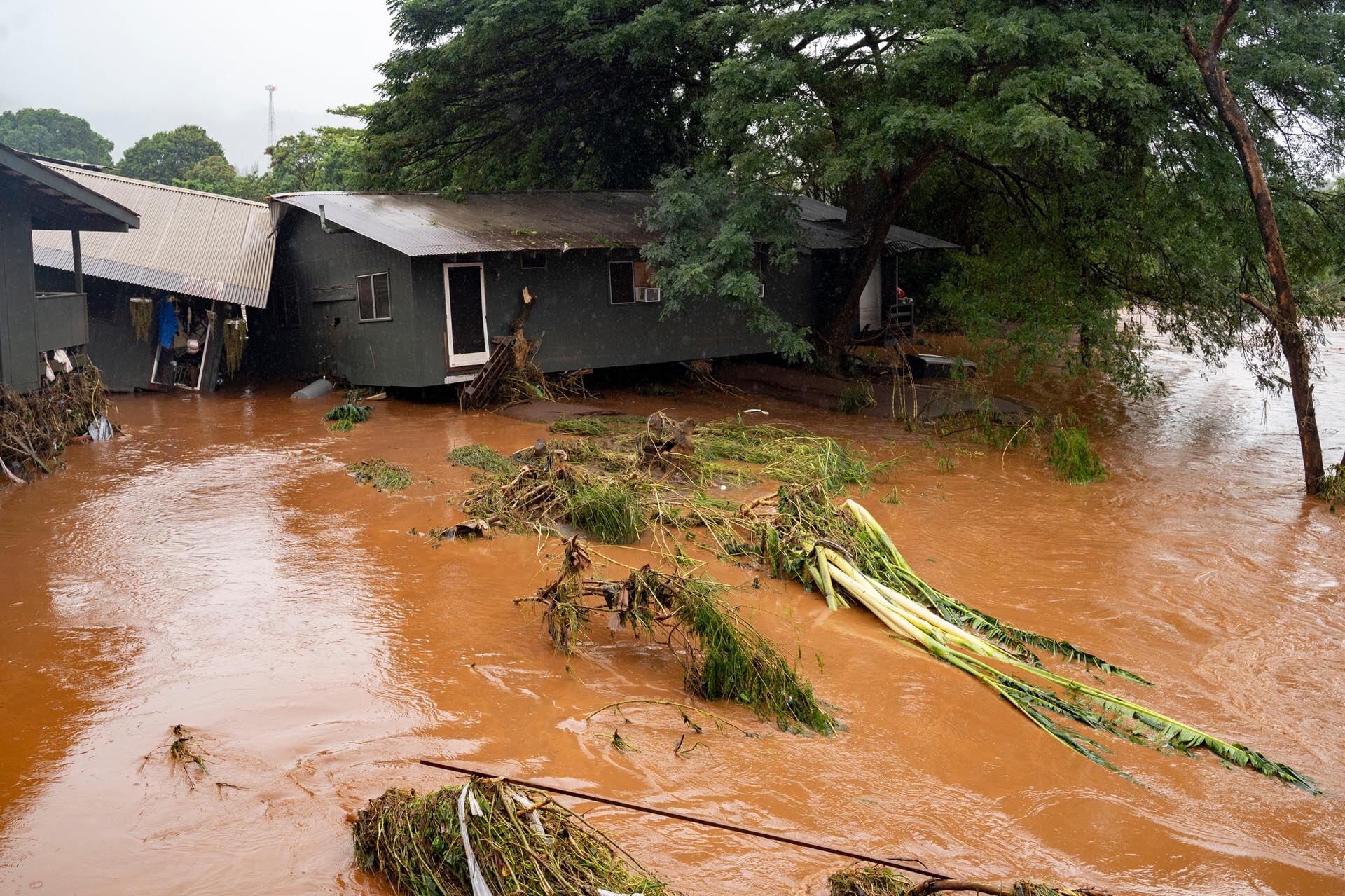 Viviendas parcialmente sumergidas y escombros arrastrados por un río crecido en Hawái, donde las peores inundaciones en dos décadas han provocado evacuaciones y alerta por una presa.