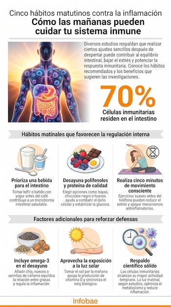 Infografía con ilustración de cuerpo humano, órganos y sistema vascular brillante. Texto y cinco íconos con personas y alimentos para hábitos matinales saludables.