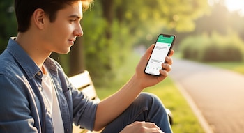 Hombre joven de perfil sentado en un banco, con camisa de jean, sostiene un teléfono celular negro que muestra una aplicación de chat.