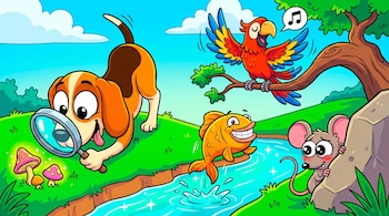 Una ilustración animada muestra a un perro con lupa, un loro en una rama, un pez saltando de un río y un ratón escondido detrás de una roca, en un paisaje verde.
