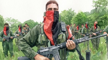 Personas con uniformes militares, fusiles de asalto y pañuelos rojos y negros cubriendo el rostro, rodeadas de vegetación en una acuarela.