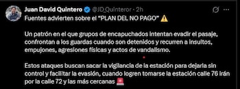 El concejal Juan David Quintero alertó sobre un plan organizado para evadir el pago y desplazar la seguridad en estaciones de Transmilenio - crédito Juan David Quintero/X