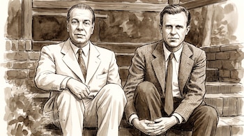 Ilustración en sepia de Jorge Luis Borges y Adolfo Bioy Casares sentados uno junto al otro, con trajes y corbatas, sobre un fondo que simula ladrillos.