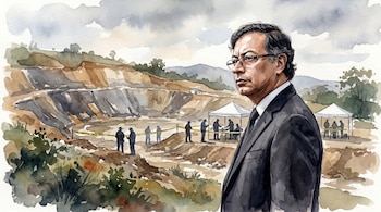 Ilustración en acuarela de Gustavo Petro de perfil, observando una ladera con excavaciones forenses y equipos de búsqueda, con cielo nublado de fondo.