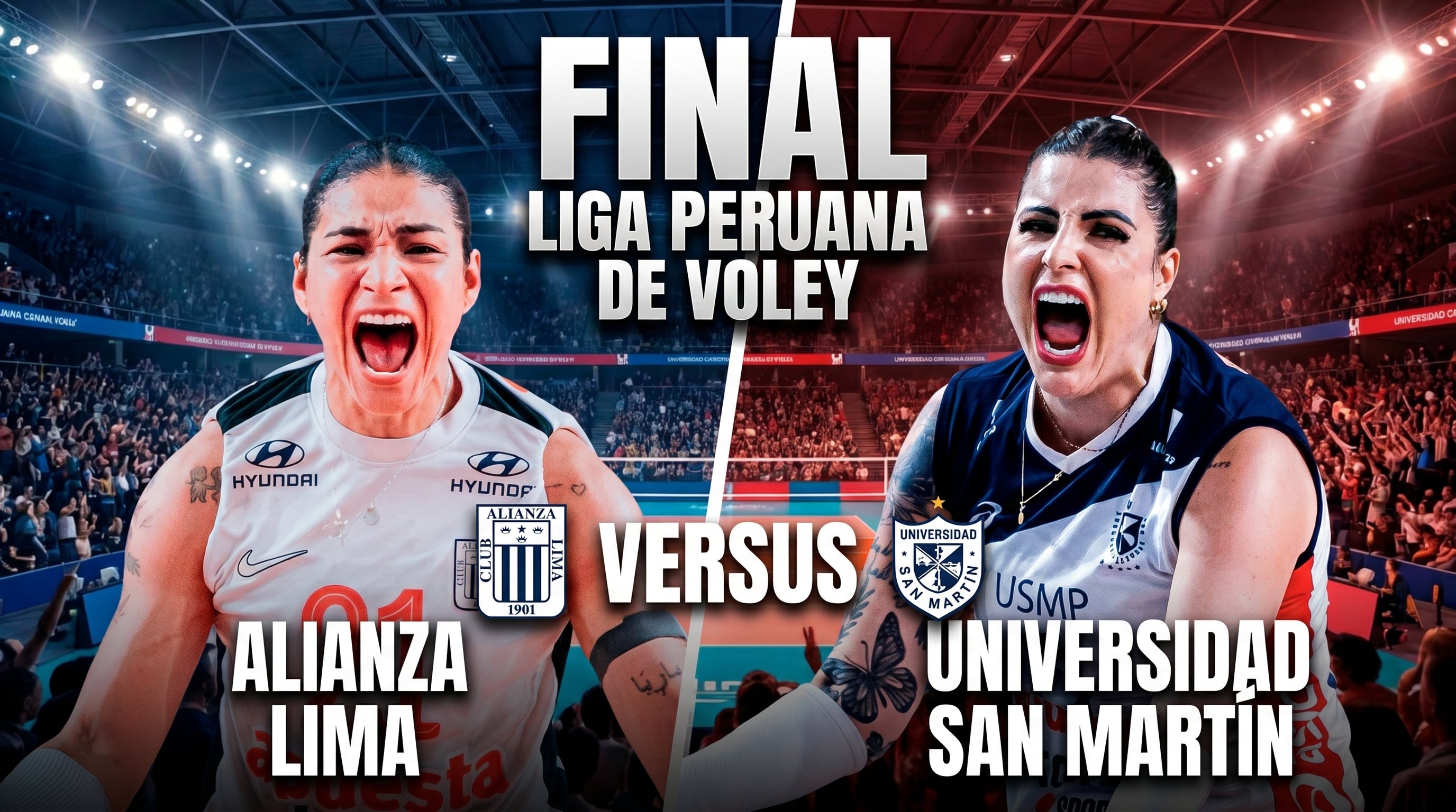Imagen promocional de la emocionante final de la Liga Peruana de Vóley que enfrentará a Alianza Lima y la Universidad San Martín, con jugadoras expresando intensidad en la cancha. (Imagen Ilustrativa Infobae)