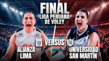 Imagen de dos jugadoras de vóley gritando intensamente, una con camiseta de Alianza Lima y otra de Universidad San Martín, con texto "FINAL LIGA PERUANA DE VÓLEY".