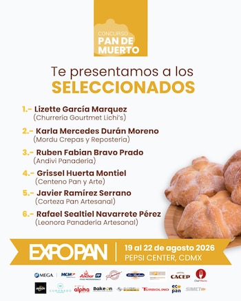 Infografía con "Concurso Pan de Muerto", lista de seis seleccionados, fecha y lugar "Expo Pan 2026", logos de patrocinadores y tres panes de muerto con azúcar