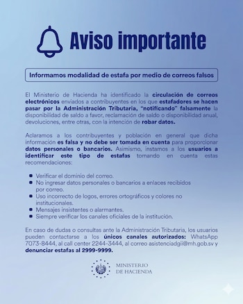 El Ministerio de Hacienda advierte sobre una nueva modalidad de estafa electrónica dirigida a contribuyentes mediante correos falsos. (Cortesía: Ministerio de Hacienda)