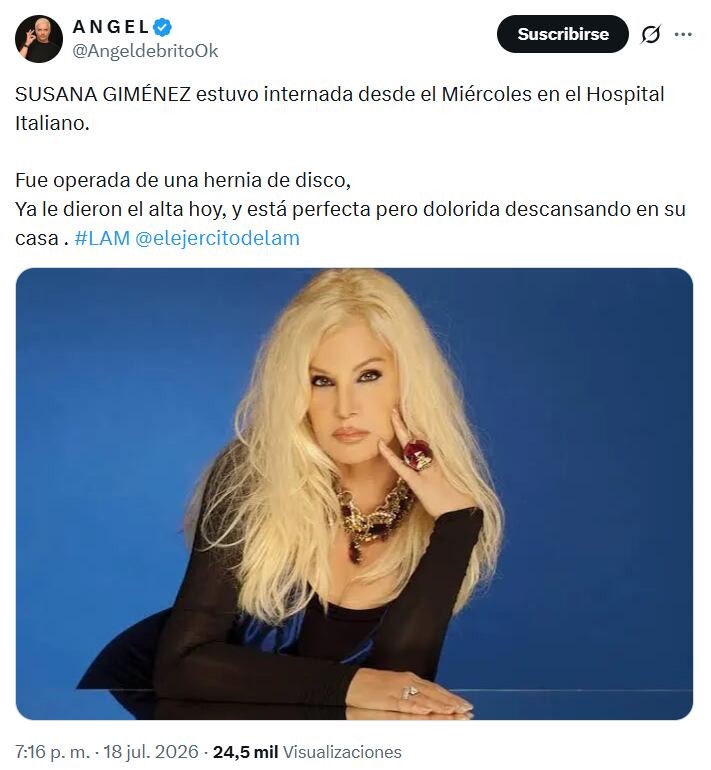 Ángel de Brito informó que Susana Giménez recibió el alta médica y se recupera en su casa después de la cirugía