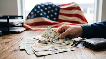 Una mano cuenta billetes de dólares sobre un escritorio de madera junto a una billetera, una tarjeta y una bandera de Estados Unidos.