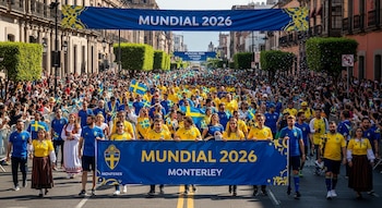 Una multitud de personas, muchas con camisetas amarillas y azules, ondea banderas suecas en un desfile callejero con pancartas del Mundial 2026 en Monterrey.