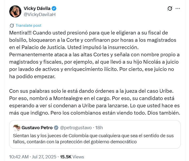 La precandidata contestó al presidente por respeto a decisiones judiciales por parte del mandatario nacional - crédito @VickyDavilaH/X