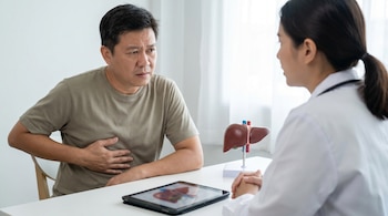 Hombre preocupado se toca el abdomen durante una consulta médica con una doctora. Sobre la mesa, un modelo de hígado y una tableta con imagen del órgano.
