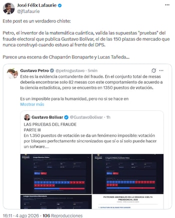 José Félix Lafaurie calificó de “chiste” las acusaciones de presunto fraude electoral - crédito @jflafaurie/X