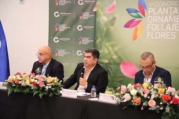 Tres hombres sentados en una mesa con micrófonos. Hay botellas de agua y arreglos florales. Un fondo verde muestra logos del congreso