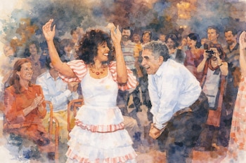 Pintura de acuarela. Una mujer con vestido blanco y volantes rojos baila con brazos alzados, junto a un hombre sonriente. Público observando y aplaudiendo al fondo.
