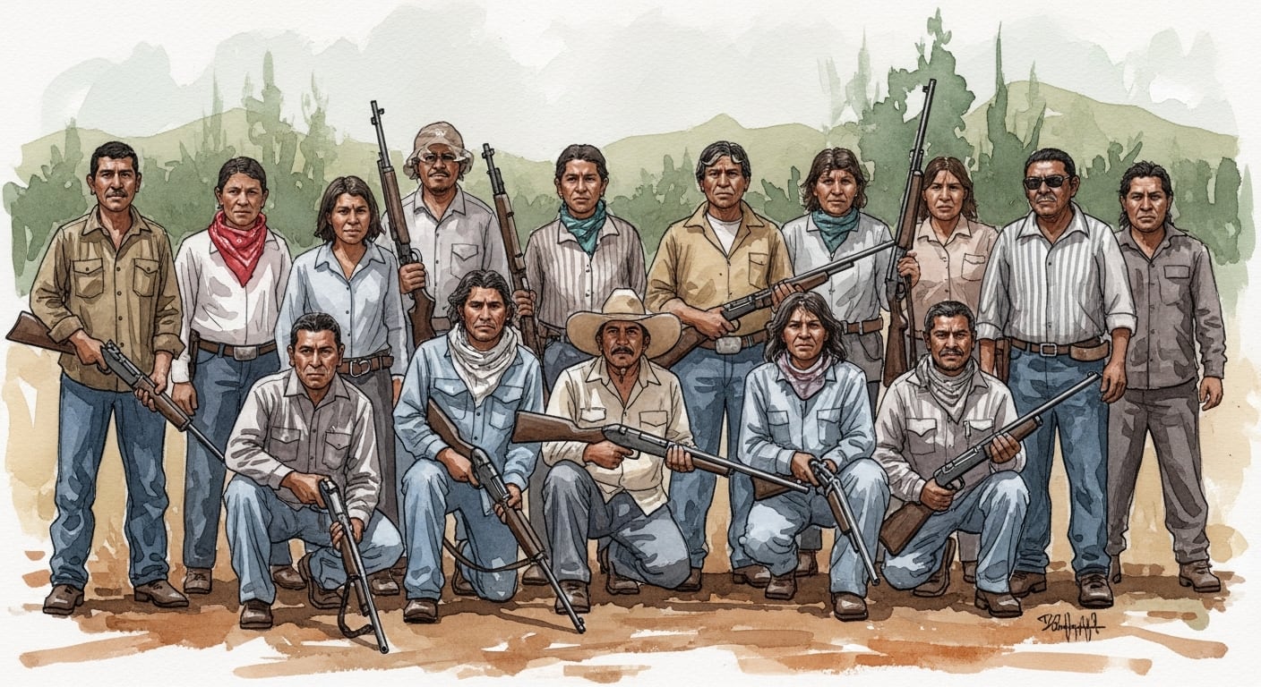 Miembros de la Columna Armada Pedro J. Méndez de Tamaulipas, grupo que combatió a Los Zetas, posan armados en esta ilustración de acuarela. (Imagen Ilustrativa Infobae)
