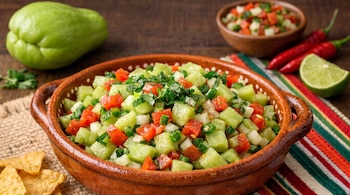 Ensalada de chayote picado, tomate, cebolla y cilantro en cuenco de barro, con tortilla chips, chayote entero, chiles rojos y lima en una mesa.