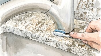 Ilustración en acuarela de una mano que pasa un cepillo por la base de un grifo de metal instalado sobre una mesada de granito.