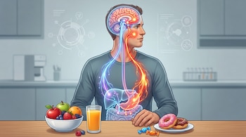 Ilustración de un hombre en una cocina con el cerebro y órganos internos visibles. Señales luminosas conectan intestino y cerebro, con frutas y donuts en la mesa.