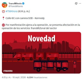 El cierre por la movilización impactó cinco rutas del componente zonal de TransMilenio en Kennedy - crédito @TransMilenio/X