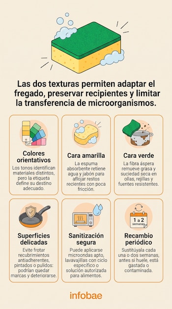 Infografía con la ilustración de una esponja y seis recuadros informativos con texto e íconos de limpieza doméstica sobre fondo beige.